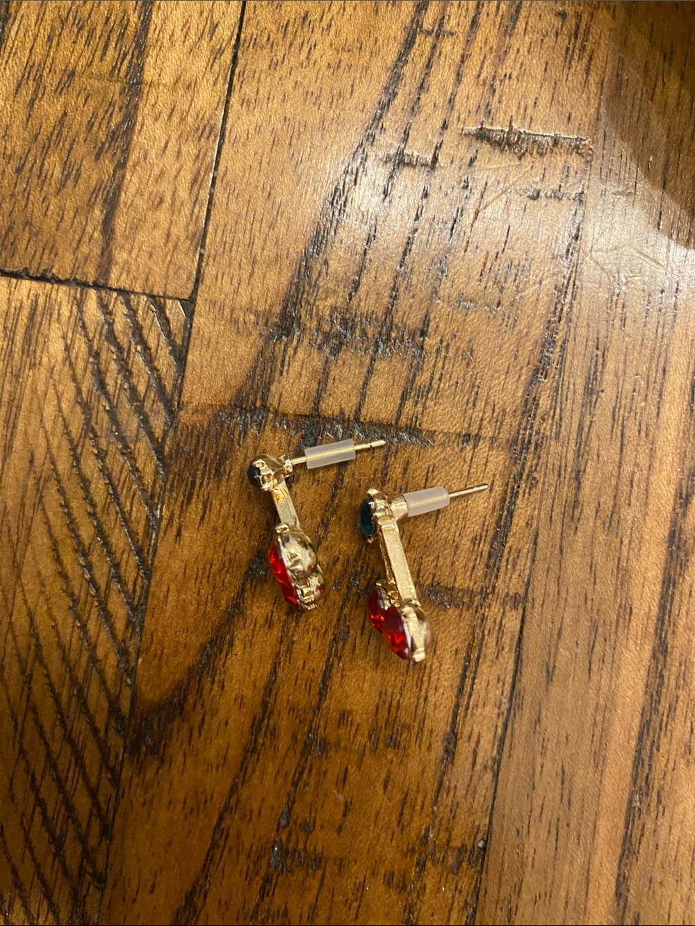 Gold tone Cherry Drop Earrings with Red and Green leaf Stones - Picture 7 of 8